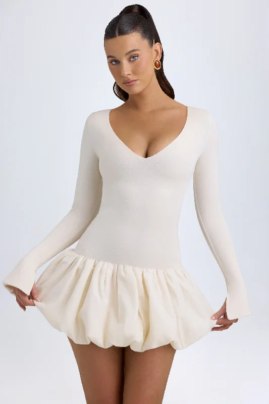 Modal Drop-Waist Bubble Hem Mini Dress in Ivory Trendy Cut-Out Mini Dress