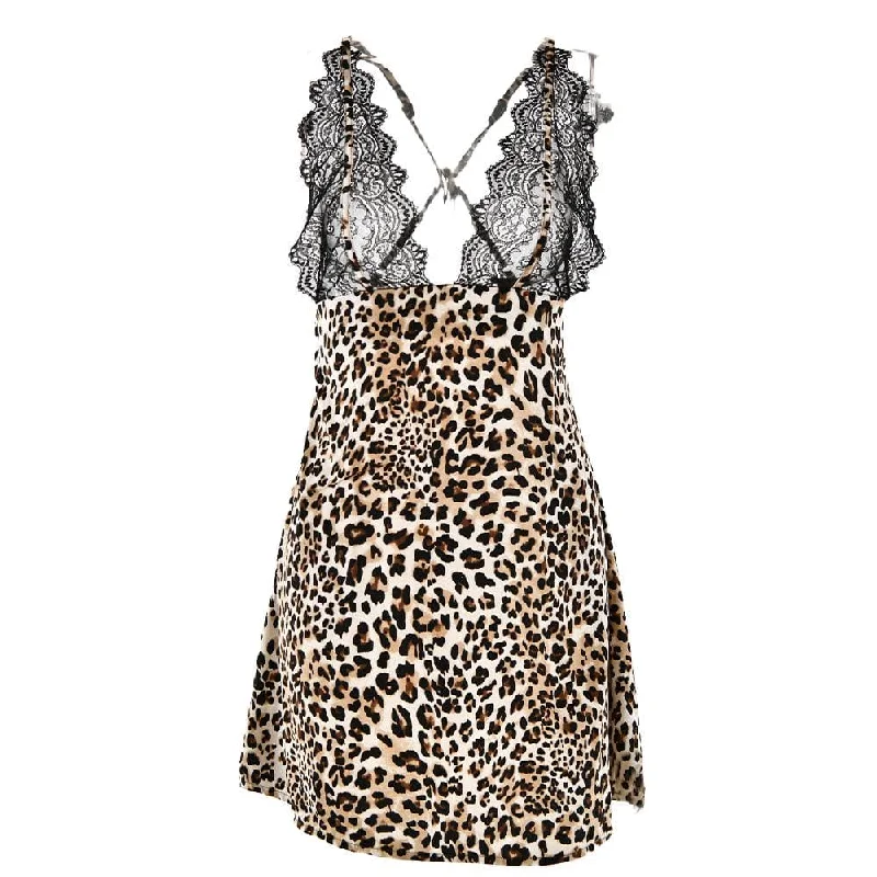 V neck leopard print lace see through cami mini dress Chic Pleated Mini Dress