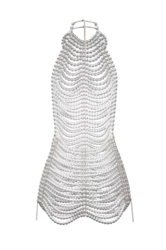 WHITE PEARL MINI DRESS Chic Mini Dress with V-Neck