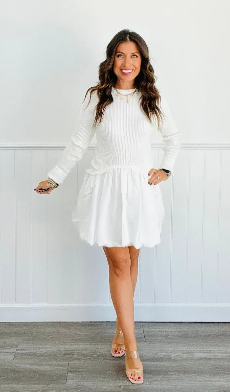 Winter White Combination Mini Dress (Reg) Trendy Crossover Mini Dress