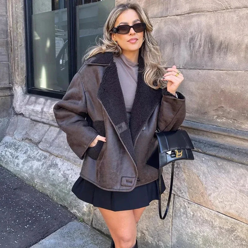 Woman Thick Faux Leather Jacket for Women Coat Plush Jacket Outerwear Hooded Jacket Caped Jacket Shawl Collar Jacket