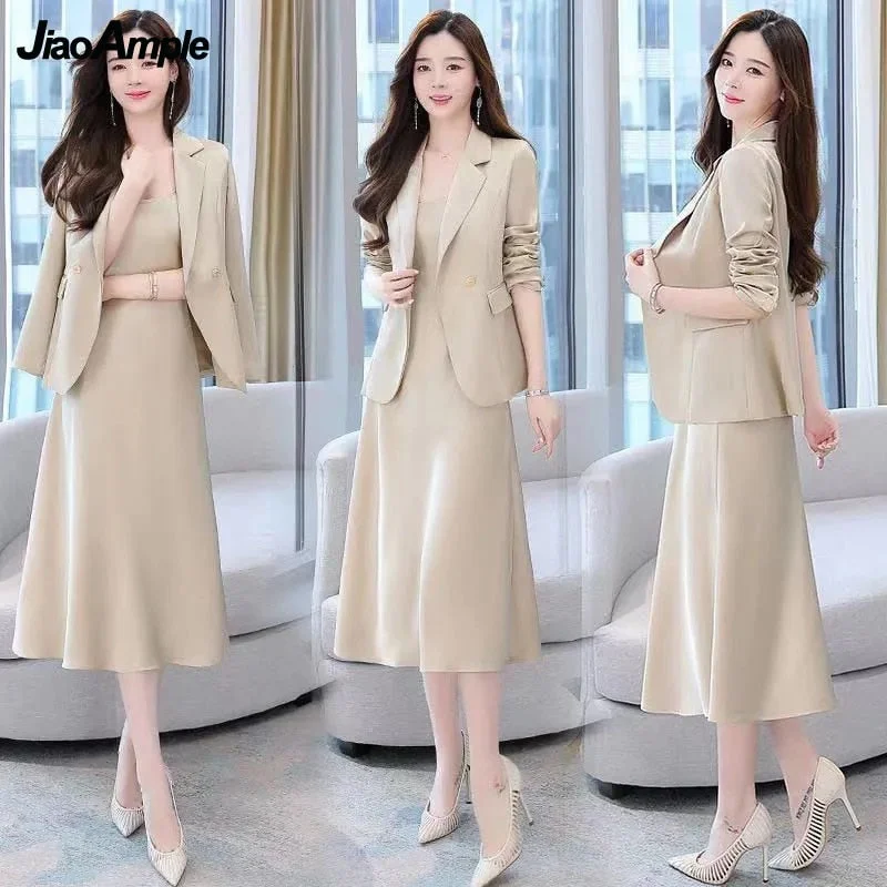 Women's Autumn Winter Suit Jacket Dress Set 2023 Korean Elegant Temperament Blazers Suspender Midi Skirt Two-piece Corduroy Jacket Velvet Jacket Brocade Jacket