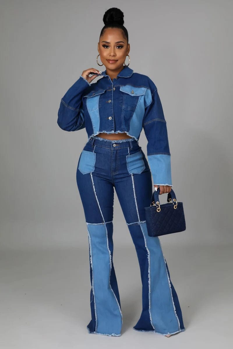 Women's Matching Set Denim Patchwork Vintage Short Jacket and Flare Pant Two Piece Set Outfit Autumn Casual Y2K Fashion Sets Cardigan Sweater Pullover