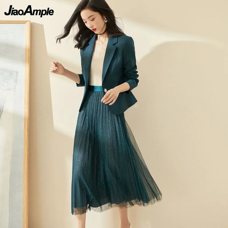 Women's Spring Autumn Business Suits Korean Office Lady Graceful Green Blazer Mesh Midi Skirts Two Piece Set OL Jacket Outfits Embroidered Jacket Appliqued Jacket Beaded Jacket