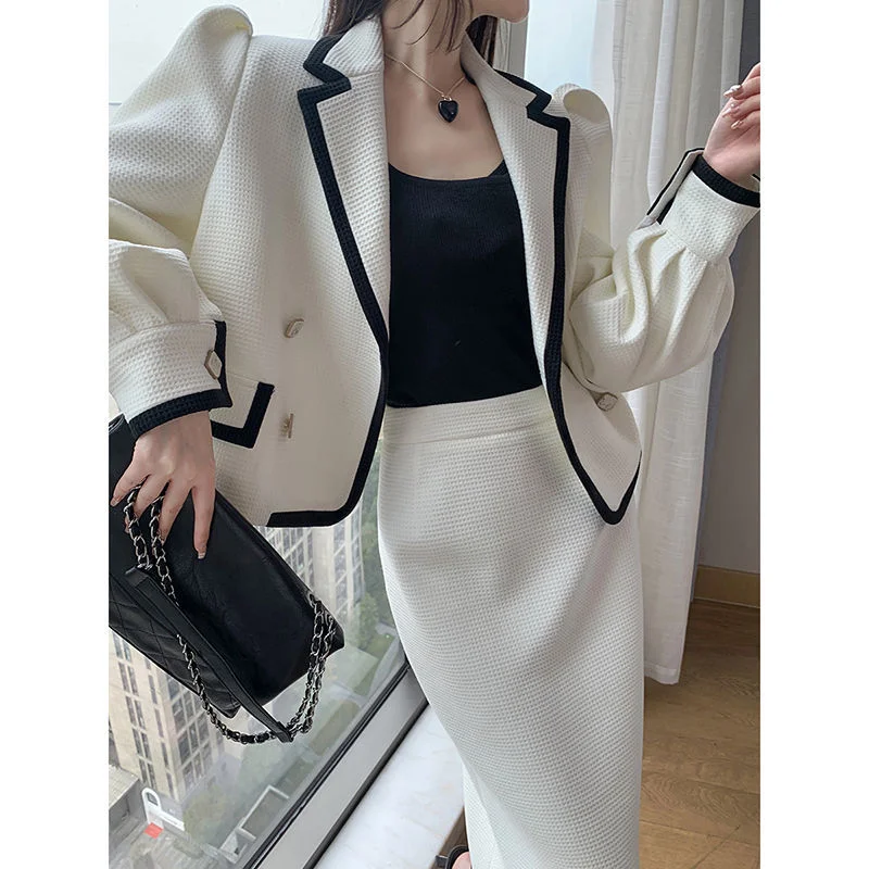 Women's Suit Coat Temperament Midi Skirt Two-piece Korean Chic Elegant Spring and Autumn Casual Blazers Jacket Set Denim Fabric Leather Fabric Suede Fabric