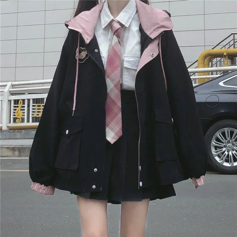 Zipper Pink Woman Jacket Color Matching Winter Clothes Loose Top Coat Tailored Jacket Straight Jacket A-Line Jacket