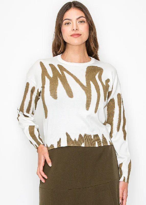 Abstract Gold on White Sweater Notch Collar Peter Pan Collar Cowl Neck