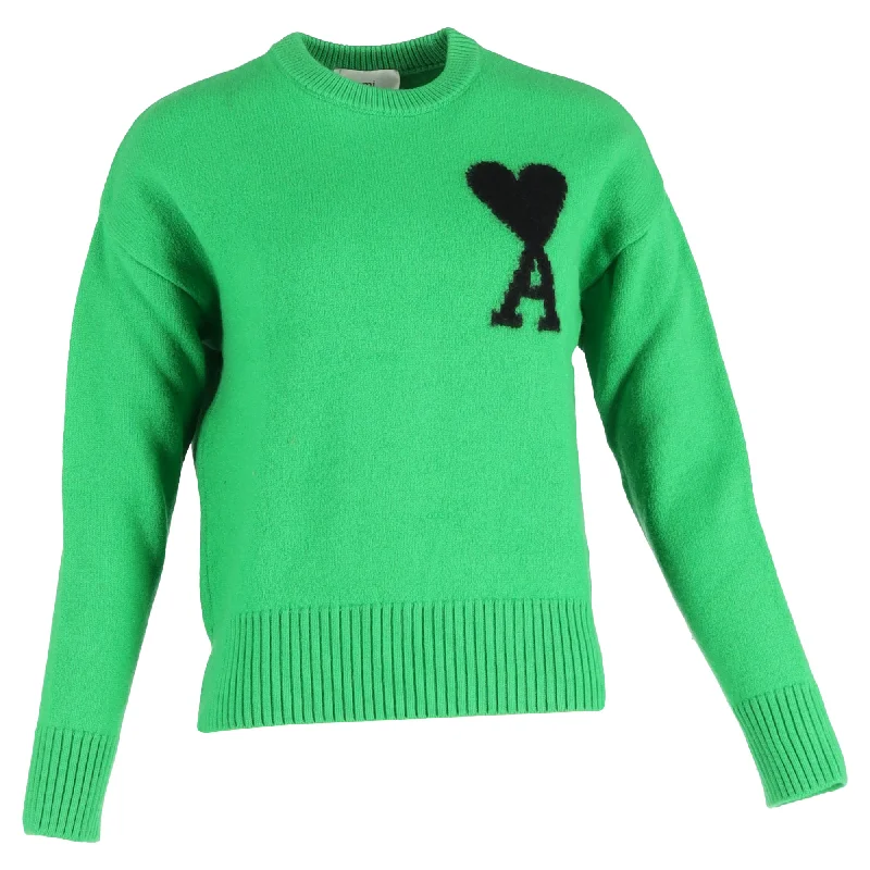 Ami De Coeur Knitted Crewneck Sweater in Green Wool Seamless Knitted Crochet