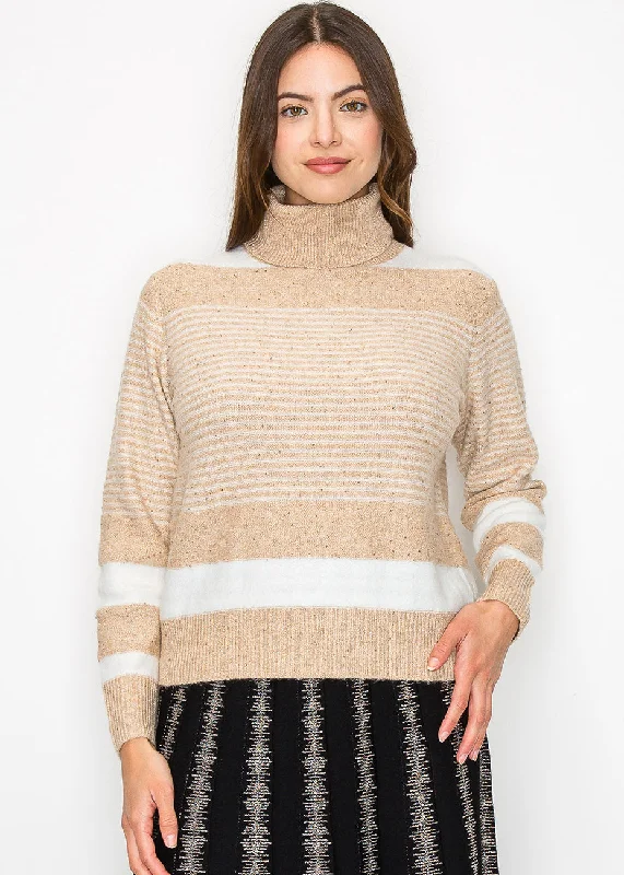 Beige Striped Turtleneck Sweater Long Sweater Short Sweater Cropped Sweater