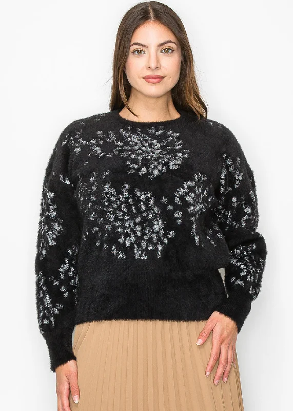 Black Fuzzy Sweater with Silver Accents Stylish Fashionable Trendy