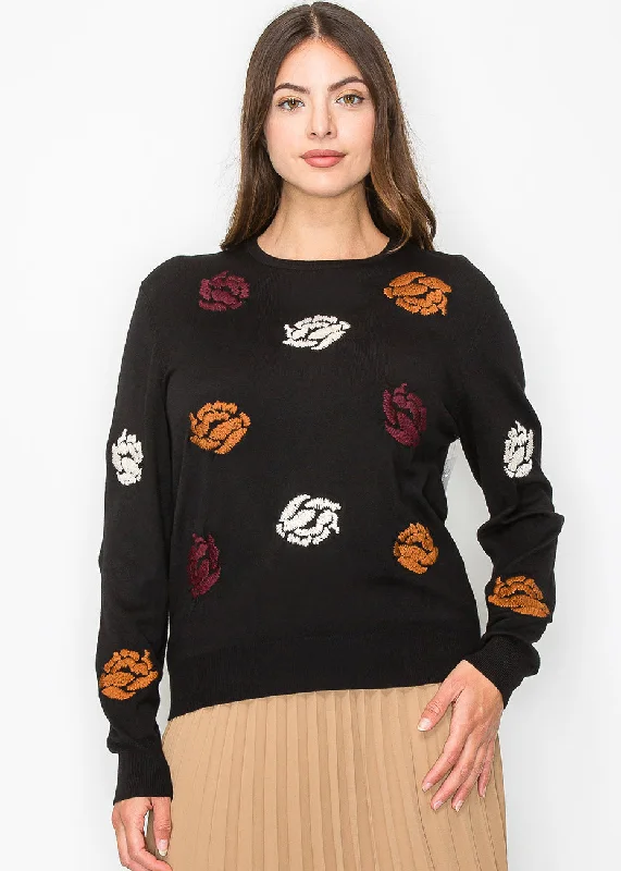 Black Garden Embroidered Sweater Stretchy Elastic Breathable