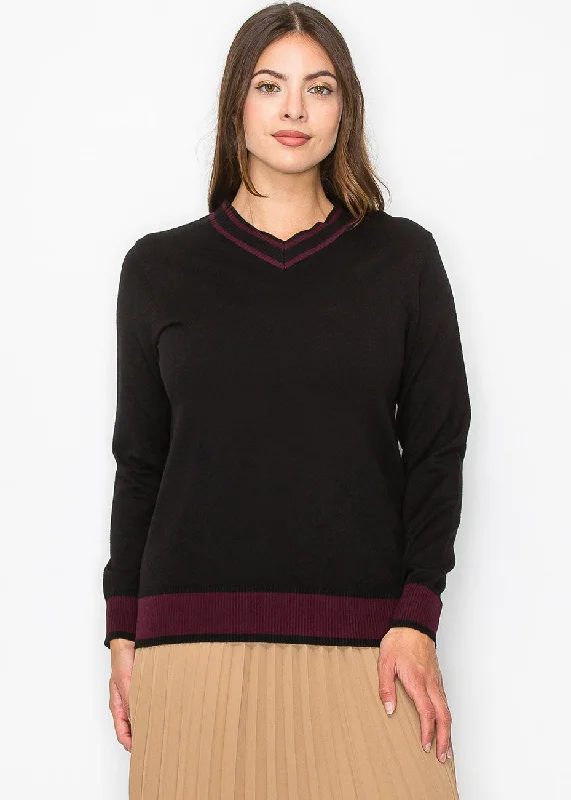 Black Knit Sweater with Burgundy Trim Lightweight Heavyweight Midweight