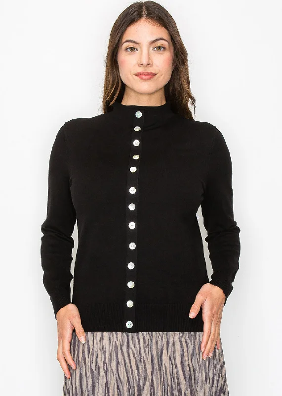 Black Sweater with Elegant Button Trim Ribbed Striped Patterned