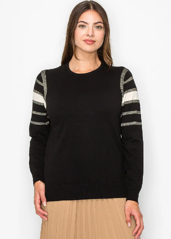 Black Sweater with Metallic Stripe Accents Cashmere Blend Cotton Blend Poly Blend