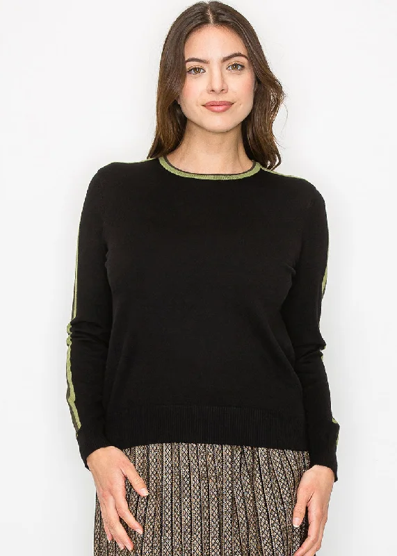 Black Sweater with Olive Stripe Detail Print Jacquard Patchwork