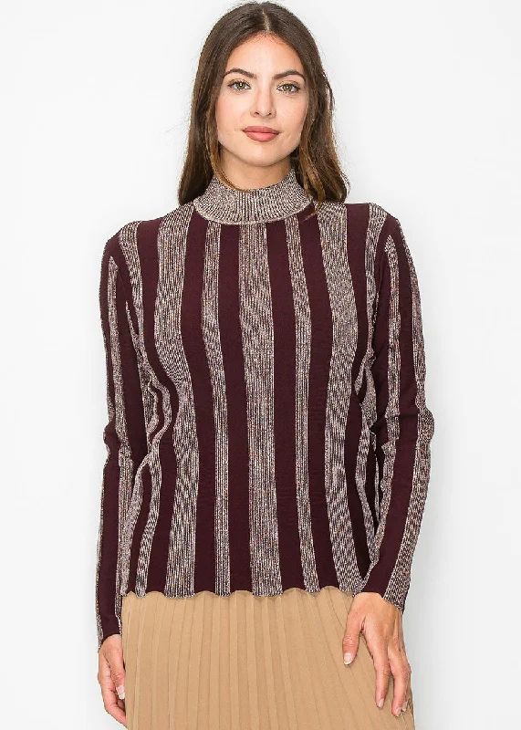 Burgundy Glow Stripe Knit Sweater Boat Neck Shawl Collar Notched Collar