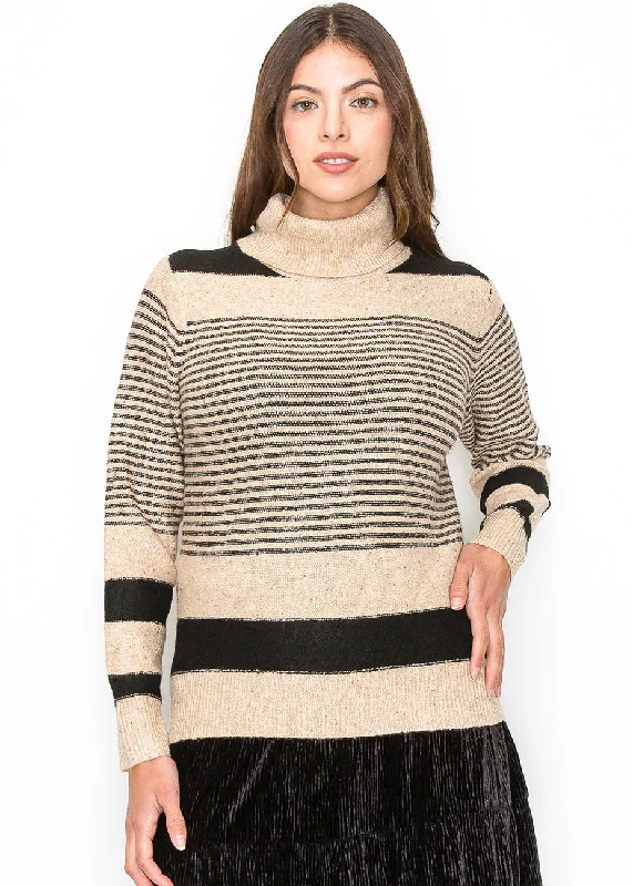 Camel and Black Striped Turtleneck Sweater Hooded Sweater Collared Sweater Shawl Collar