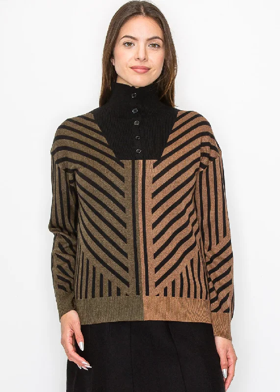 Camel & Black Sweater with Artistic Stripes Terry Blend Velvet Blend Canvas Blend