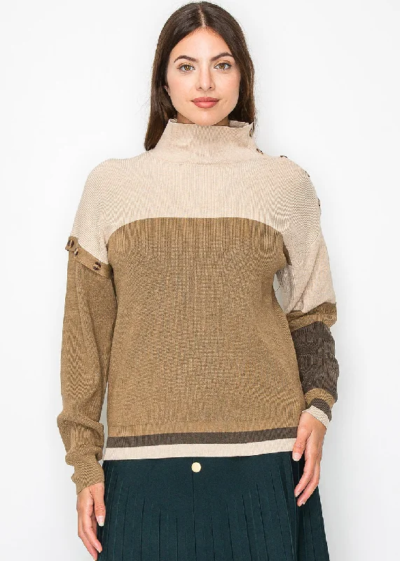 Camel Knit Sweater with Button Detailing Herringbone Houndstooth Plaid