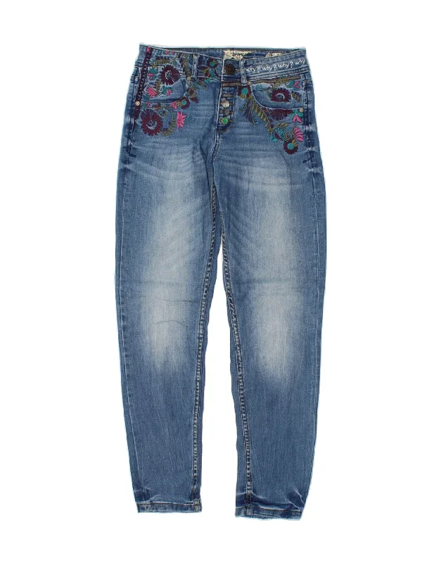 DESIGUAL Womens Banana Slim Jeans W30 L29 Blue Floral Comfortable Ankle Jeans