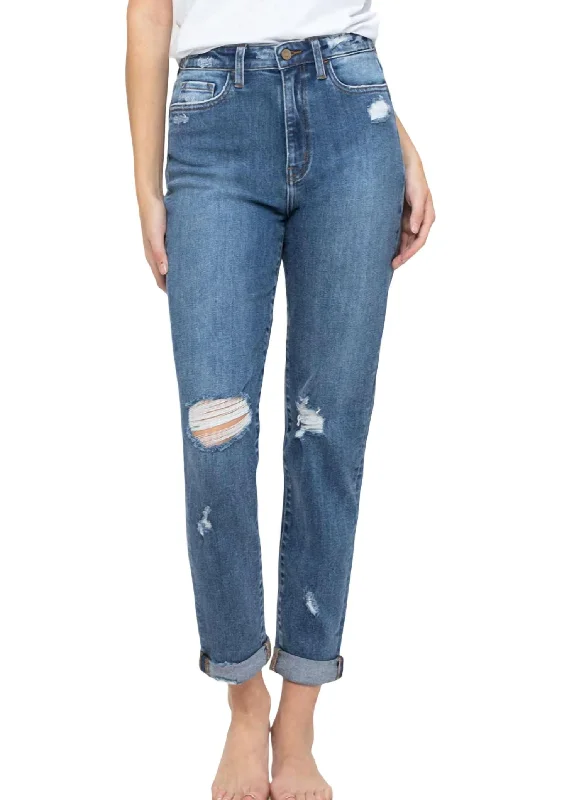 Distress Double Cuff Jeans In Medium Wash Trendy Wide-Legged High-Waist Jeans