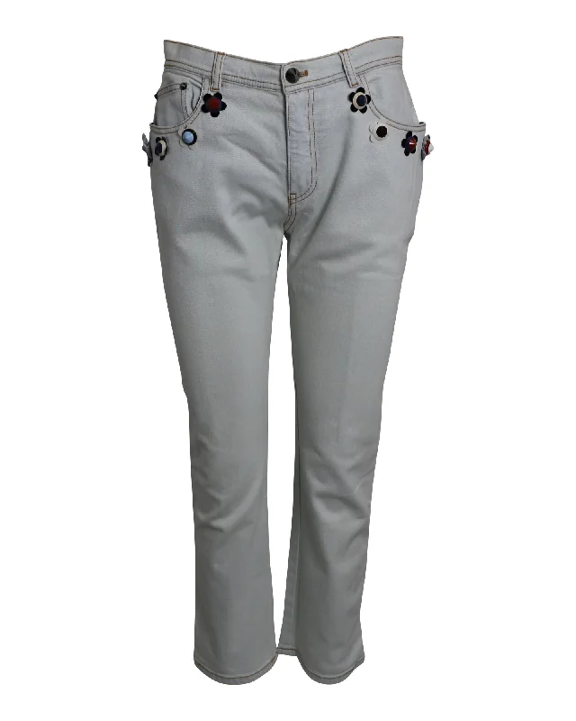 Fendi Flowerland Jeans in Light Blue Cotton Denim Stylish Stone-Wash Denim Jeans