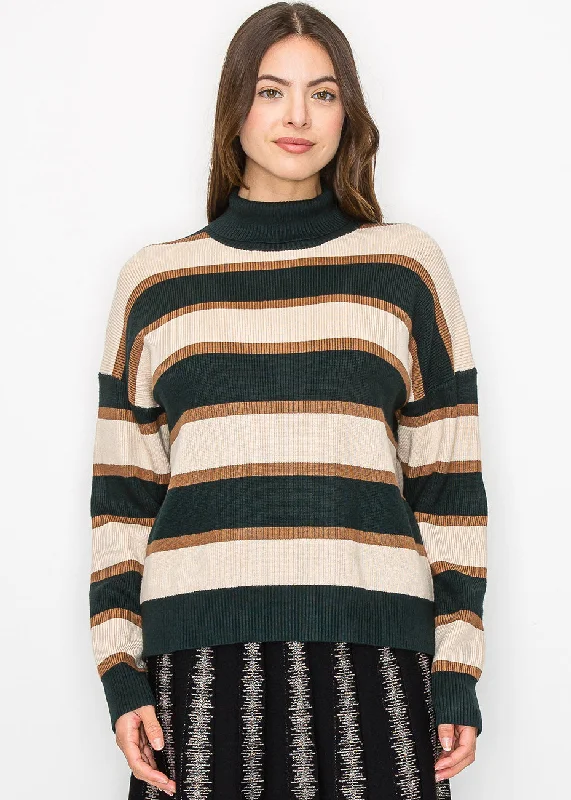 Forest Green Striped Turtleneck Sweater Velvet Chenille Corduroy