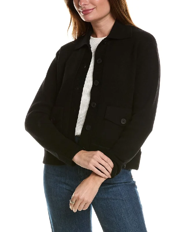 Forte Cashmere Double Knit Crop Rib Trim Wool & Cashmere-Blend Shacket Ruched Sleeve Blouse