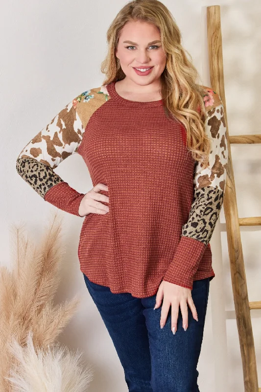 Full Size Leopard Waffle-Knit Blouse Wrap Front Blouse