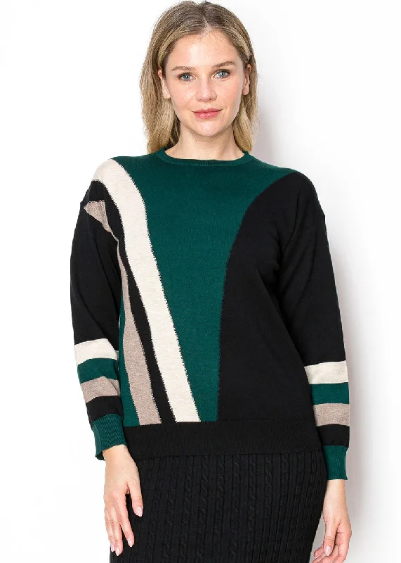 Geometric Green Knit Sweater Real Fur Shearling Chenille