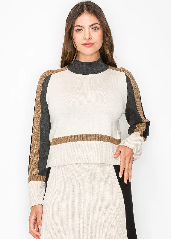 High Neck Cream and Brown Knit Sweater Fitted Slim Tailored