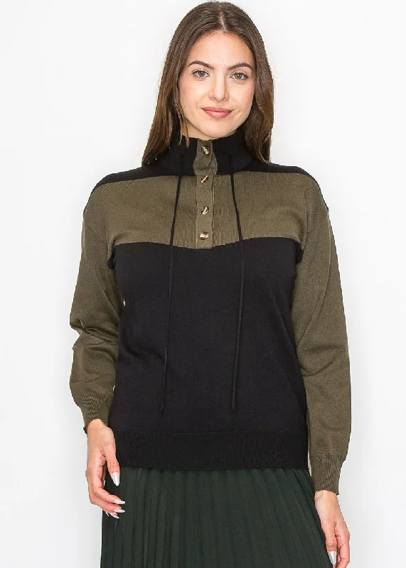 High-Neck Olive Panel Sweater Open Front Closed Front Wrap Front