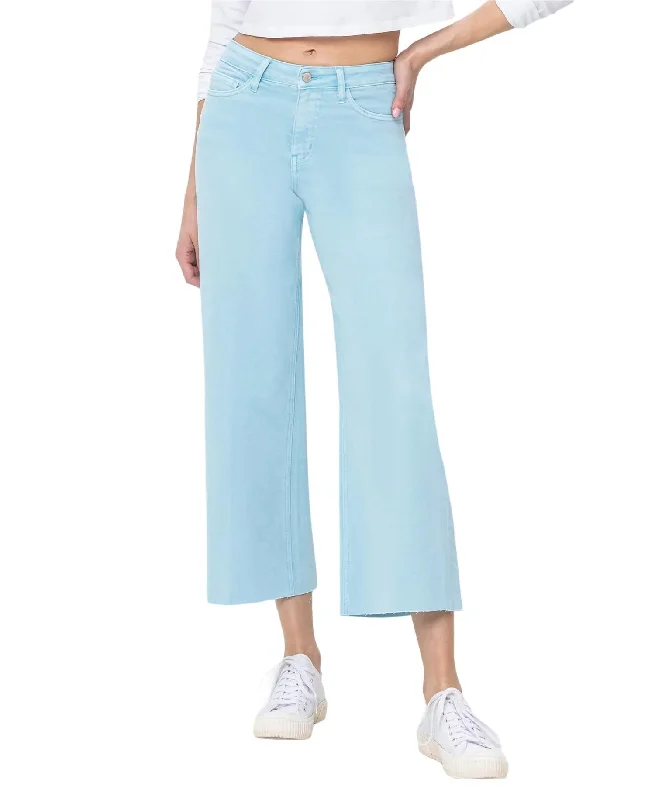 High Rise Crop Wide Leg Jeans In Pastel Turquoise Trendy Cut-Off Denim Shorts