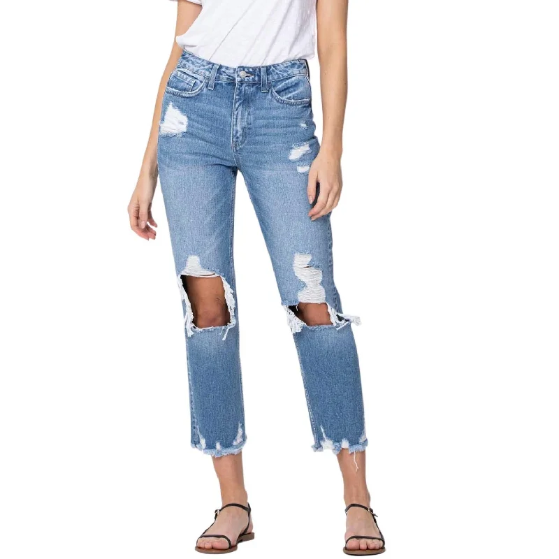 Let Go High Rise Tattered Straight Leg Jean In Medium Wash Comfortable Straight-Legged Denim