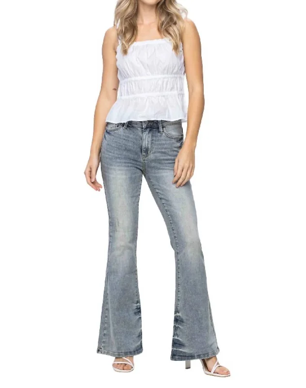 Mid Rise Tinted Pin Tack Detailed Flare Jean In Light Wash Comfortable Faded High-Rise Jeans