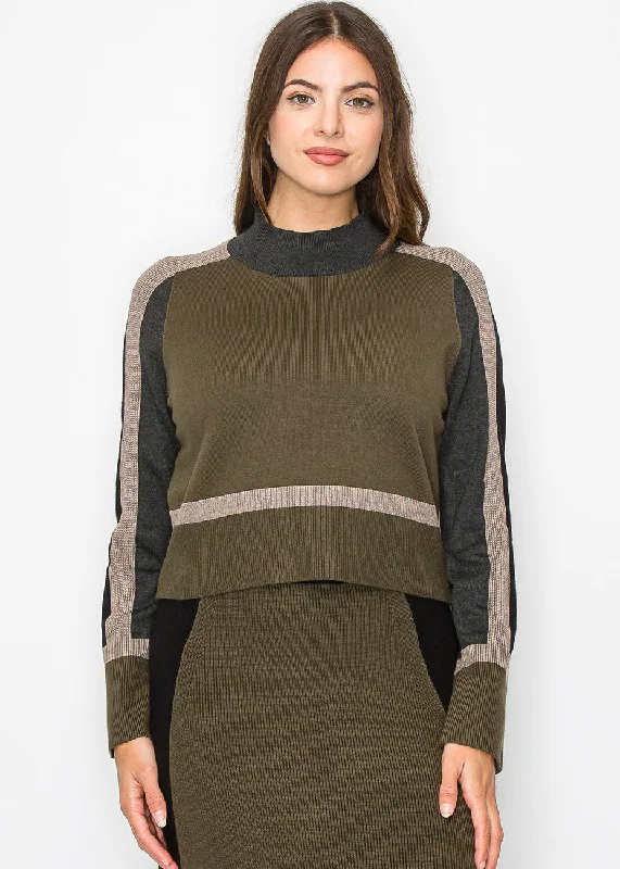 Modern Olive and Taupe Blocked Sweater Cashmere Blend Cotton Blend Poly Blend