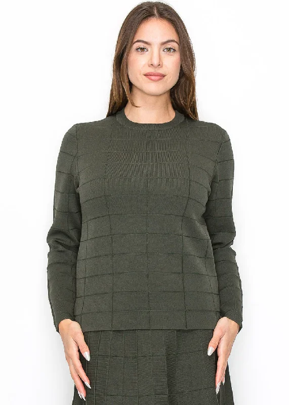 Olive Grid Knit Sweater Glossy Satin Silk