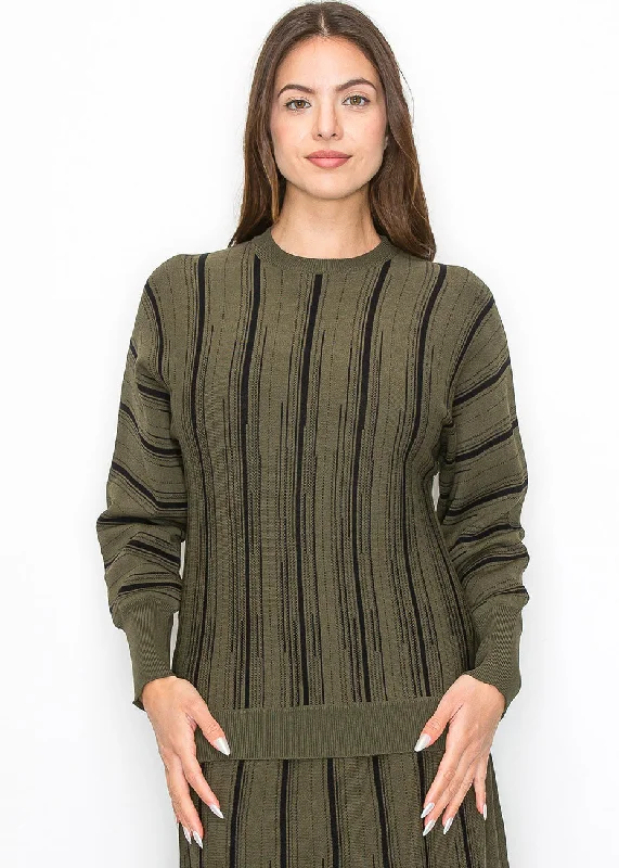 Olive Knit Sweater with Vertical Stripes Glossy Satin Silk