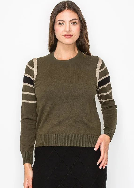 Olive Striped Sleeve Sweater Print Jacquard Patchwork