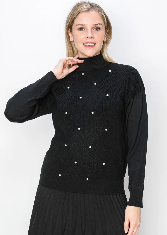 Pearl Accent Black Knit Sweater Boxy Sweater Fitted Sweater A-Line