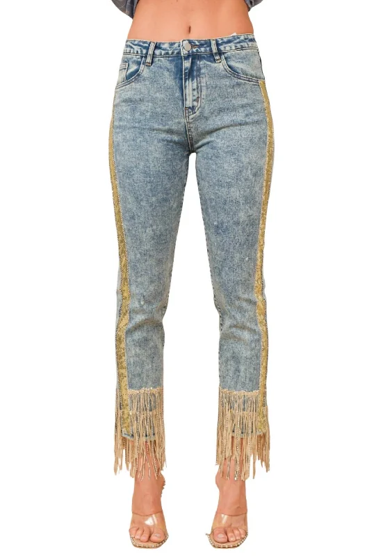 Sequin Striped Fringe Denim Jeans In Medium Wash Fashionable Relaxed Fit Denim