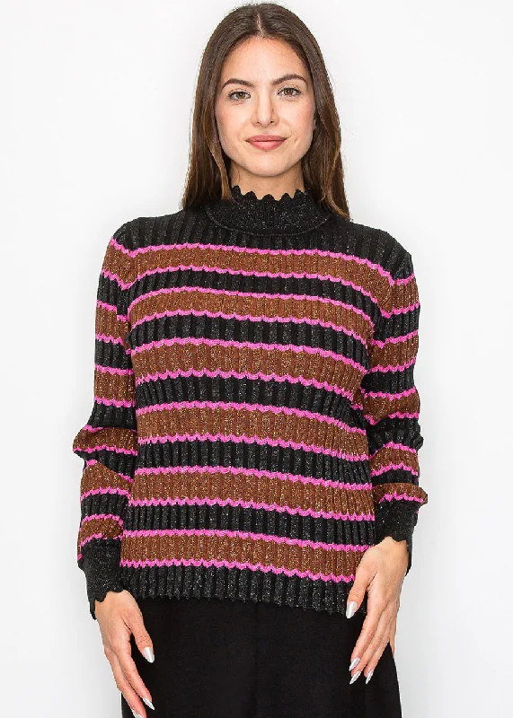 Shimmer Stripe Sweater with Scalloped Trim Wool Fabric Cashmere Fabric Tweed Fabric