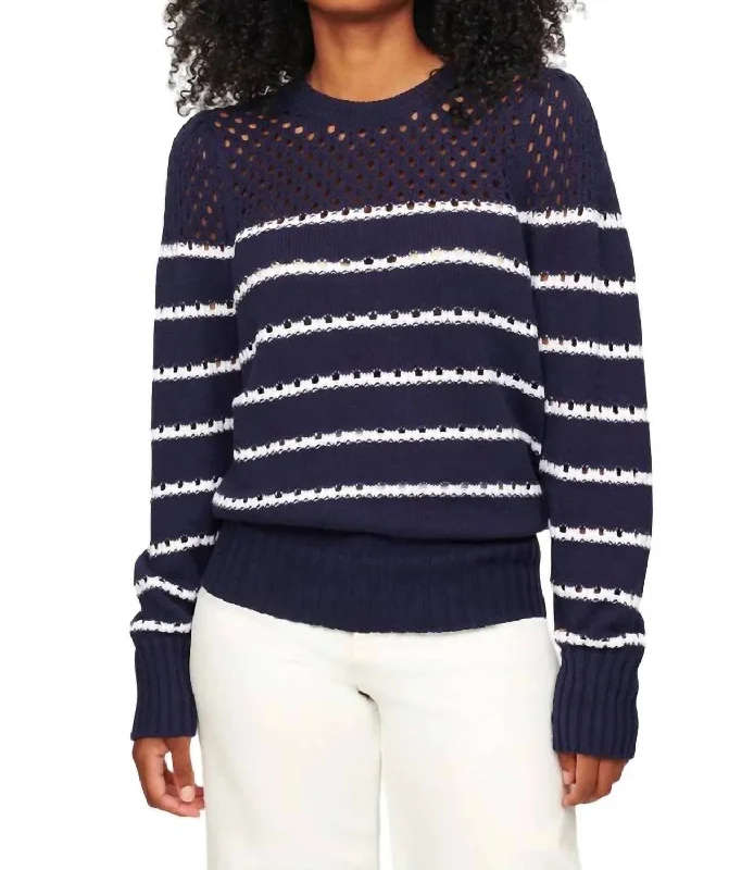 Skylar Multi Stripe Crew Sweater In Midnight Graphic Sweater Embroidered Appliqued