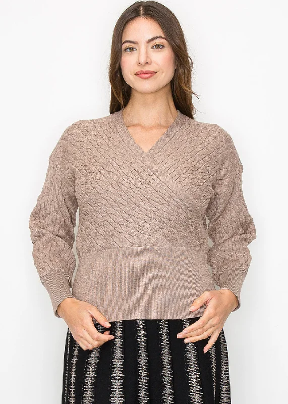 Taupe Cable-Knit Wrap Sweater Slim Fit Regular Fit Oversized