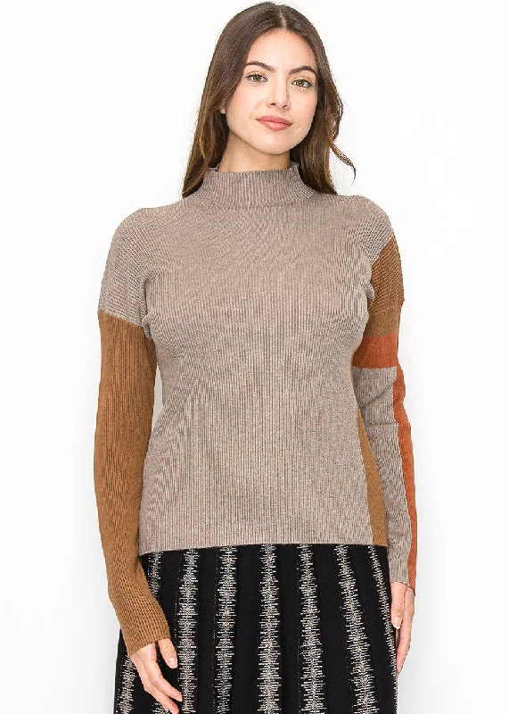 Taupe Ribbed Sweater with Warm Accents Bright Pastel Dark