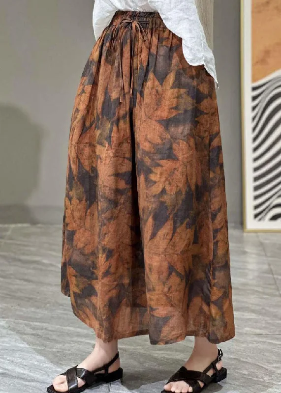 Art Orange Wrinkled Print Elastic Waist Patchwork Linen Skirt Summer velvet skirt sumptuous