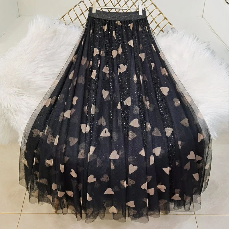 Beautiful Black Print tulle Sequins A Line Skirts Summer elastic waist skirt