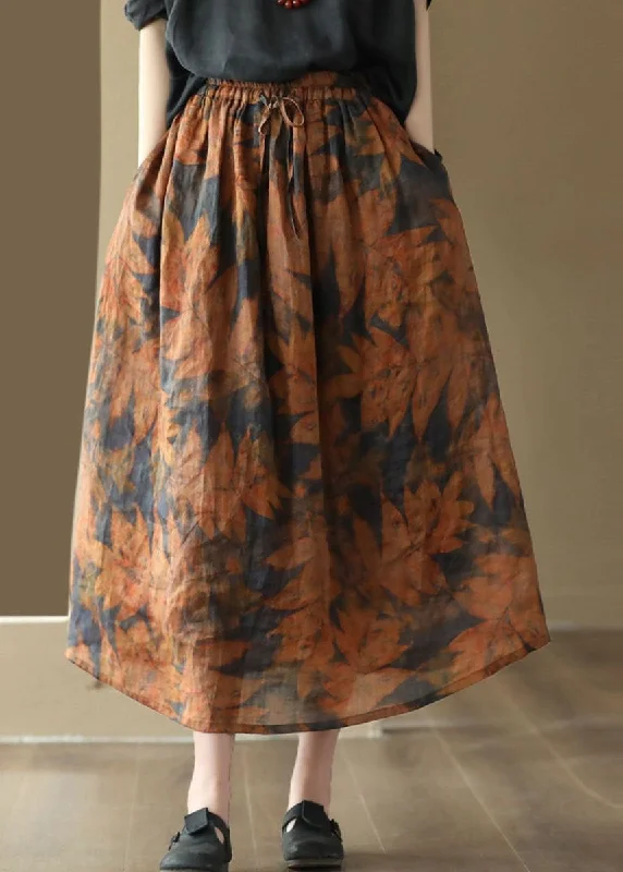 Beautiful Orange Wrinkled Pockets Patchwork Linen Skirt Summer velvet skirt luxury