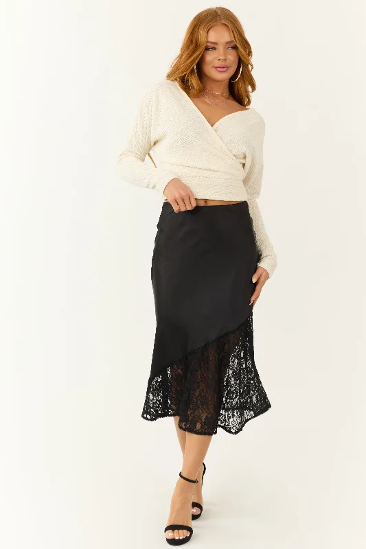 Black Lace Bottom Asymmetrical Midi Skirt velvet skirt glossy