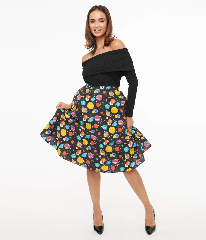 Black & Multicolor Planets Cotton Skirt high waist skirt